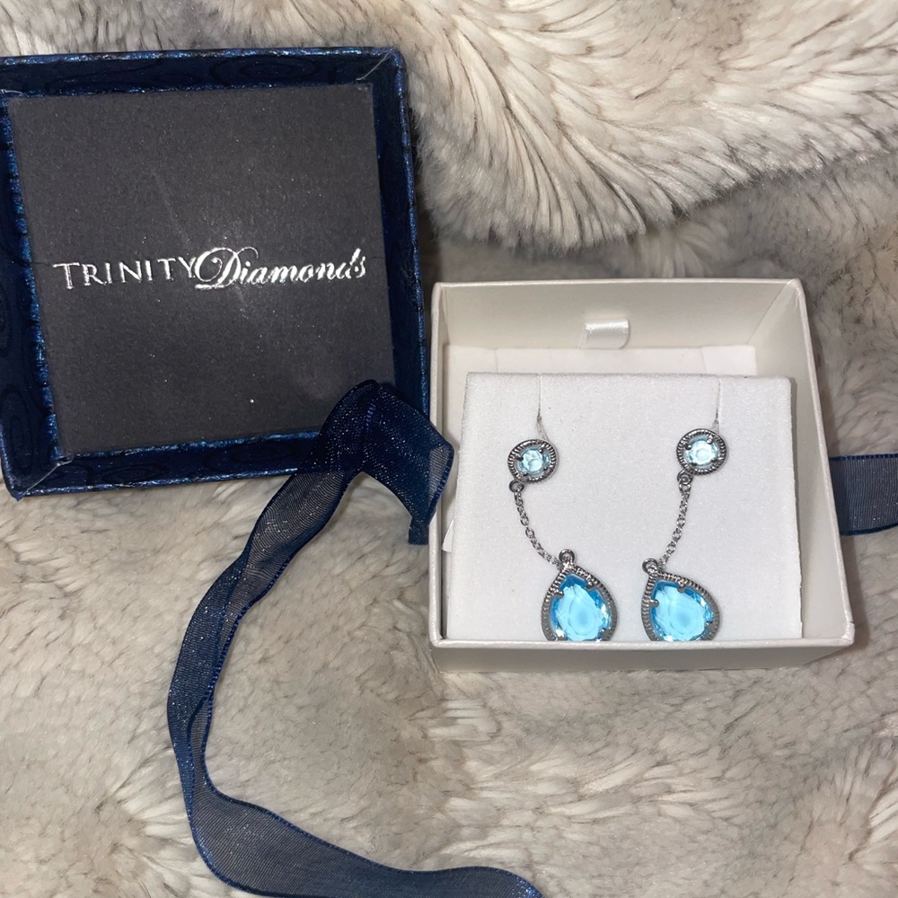 Sterling Silver Blue Topaz Pave White Accent Stone Earrings